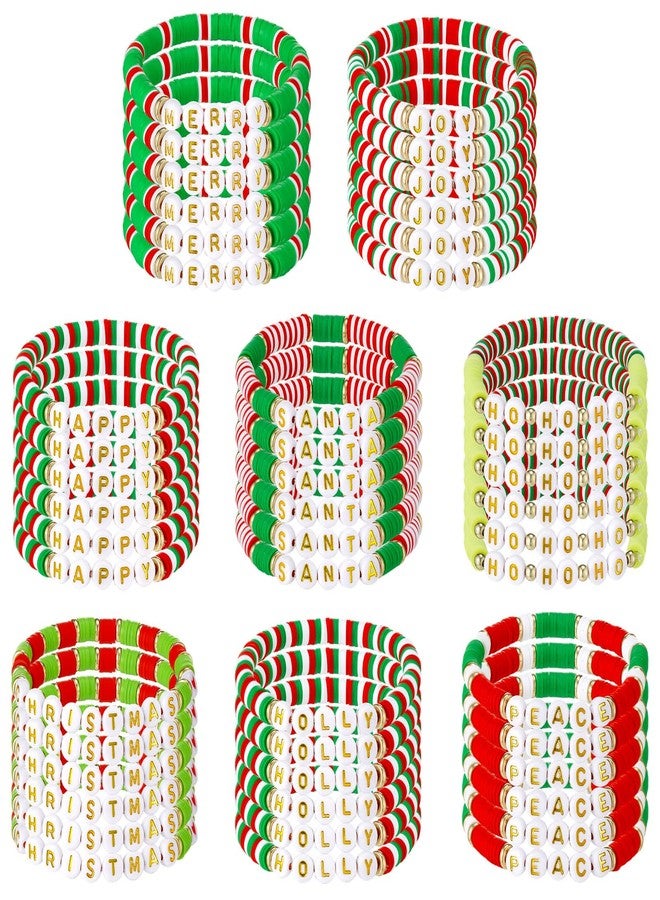 yesaior 48 Pcs Christmas Bracelets Bulk Festive Polymer Clay Beaded Bracelets Joy Merry HoHoHo Santa Holly Peace Stretch Jewelry Gifts Party Favors for Holiday Friend (Christmas) - Image 1